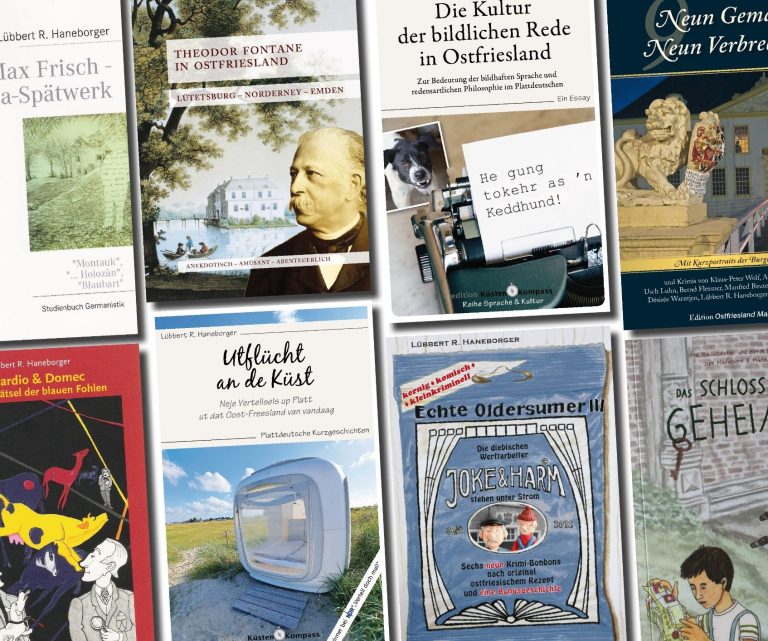 Buchcover von Sach-, Kurzgeschichten- und Kinderbüchern sowie Regionalkrimis von Lübbert R. Haneborger. Cover von Sach- und Kinderbüchern und Regionalkrimis von Lübbert R. Haneborger mit verschiedenen Illustrationen und Schriftzügen.